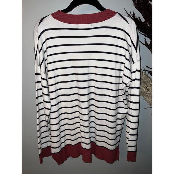 Staccato size L navy & white striped v-neck knit pullover sweater clay red trim - Picture 4 of 6